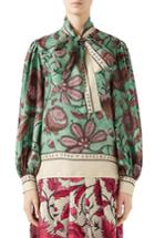 Women's Gucci Watercolor Floral Print Tie Neck Silk Blouse Us / 40 It - Green