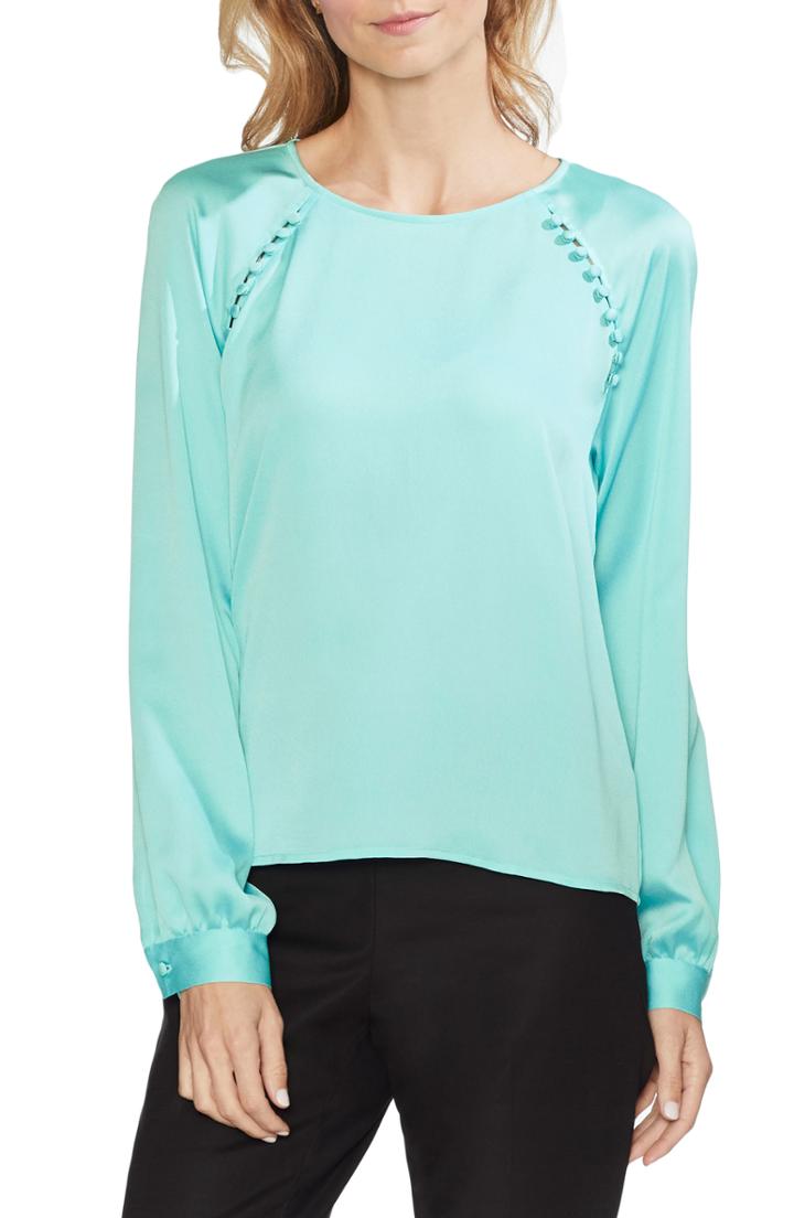 Women's Vince Camuto Button Shoulder Bubble Sleeve Satin Blouse - Blue