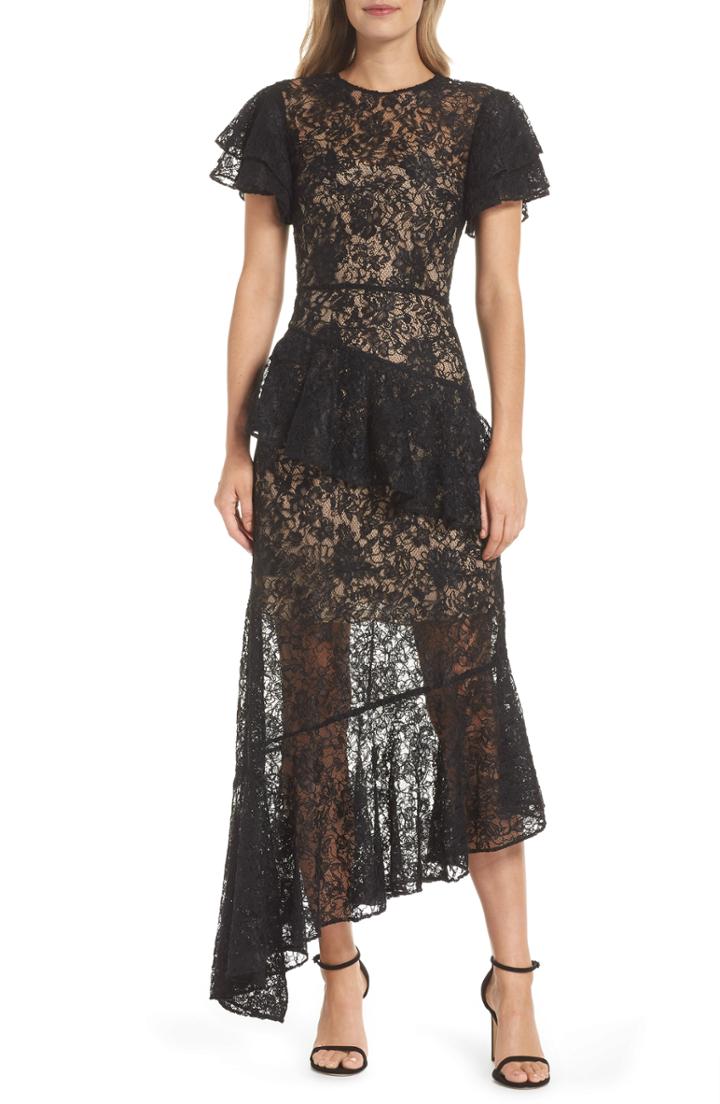 Women's Ml Monique Lhuillier Lace & Ruffle Asymmetric Hem Gown