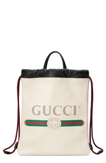 Gucci Small Logo Leather Drawstring Backpack - White