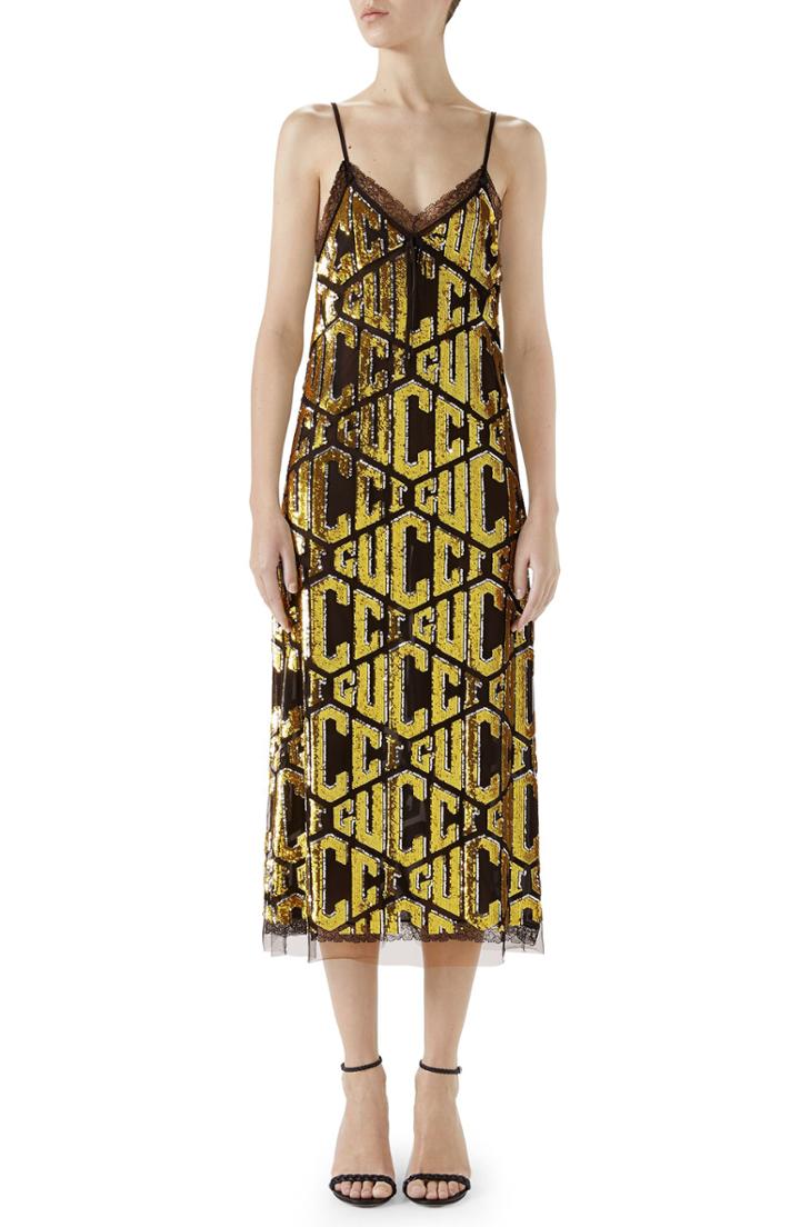 Women's Gucci Lace Trim Sequin Logo Slipdress