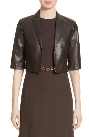 Women's Michael Kors Crop Plonge Leather Jacket - Brown
