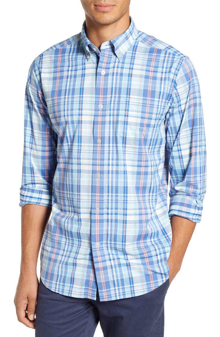Men's Southern Tide Siesta Intercoastal Regular Fit Plaid Performance Sport Shirt - Blue