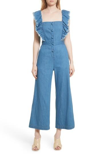 Women's Sea Ruffle Denim Jumpsuit - Blue