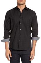 Men's Bugatchi Shaped Fit Tonal Plaid Sport Shirt - Black