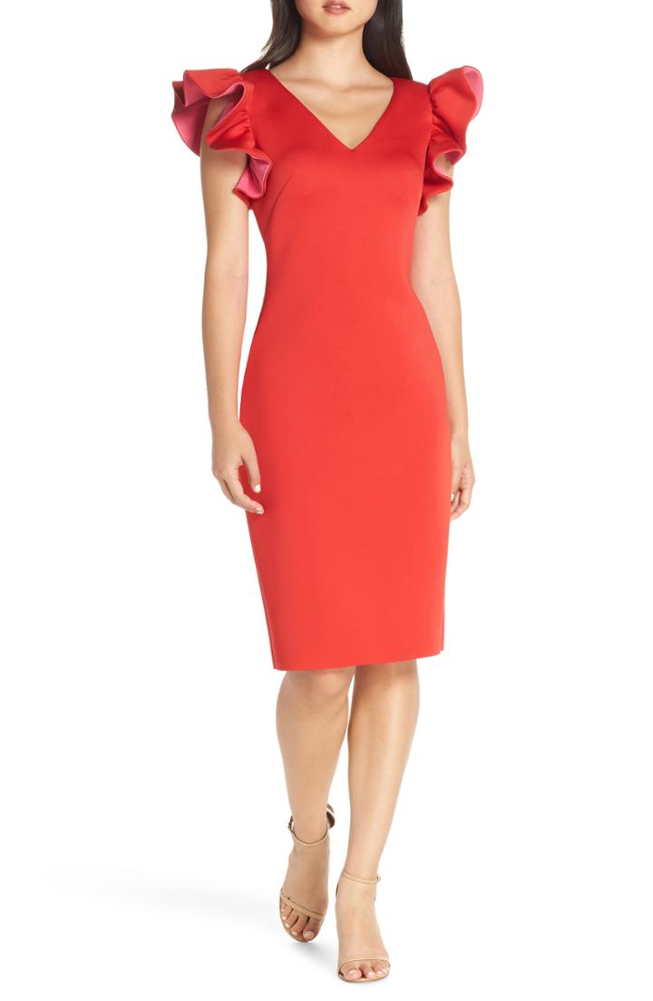 Women's Eliza J Ruffle Shoulder Scuba Crepe Dress - Red
