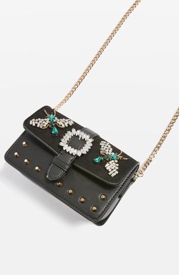 Topshop Rosie Jewel Embellished Faux Leather Crossbody Bag - Black