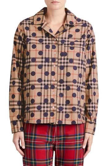 Women's Burberry Polka Dot Check Print Cotton Shirt - Blue