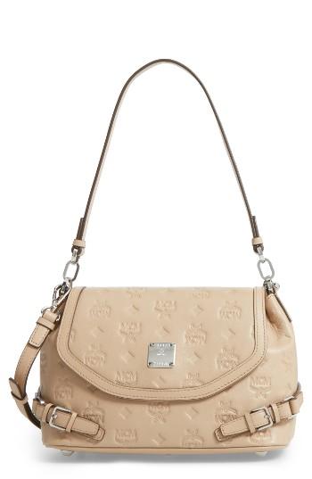 Mcm Signature Monogram Embossed Leather Shoulder/crossbody Bag - Beige