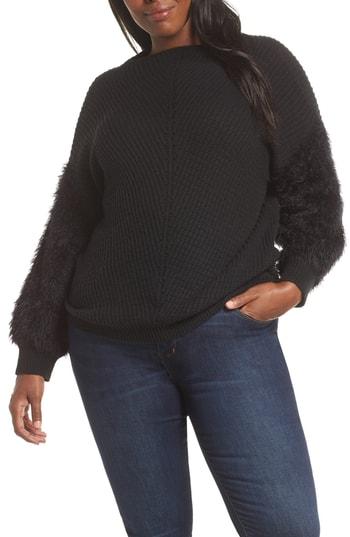 Women's Cece Fuzzy Sleeve Cotton Blend Pullover Sweater, Size - Black