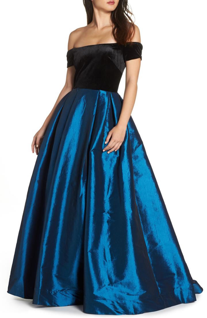 Women's Mac Duggal Off The Shoulder Velvet & Taffeta Ballgown - Blue