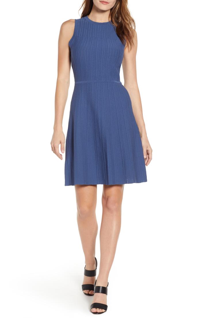 Women's Anne Klein Textured Fit & Flare Sweater Dress, Size - Blue