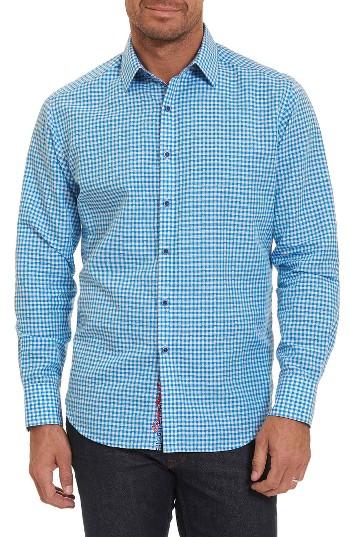 Men's Robert Graham La Monica Classic Fit Gingham Linen & Cotton Sport Shirt - Blue