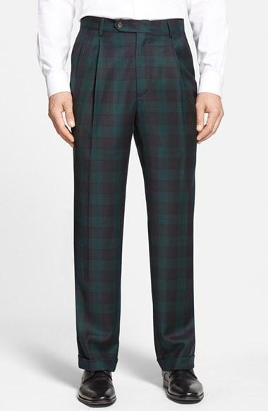 Men's Berle Pleated Plaid Wool Trousers X 30 - Green