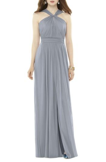 Women's Alfred Sung Twist Neck Chiffon Knit Gown - Grey
