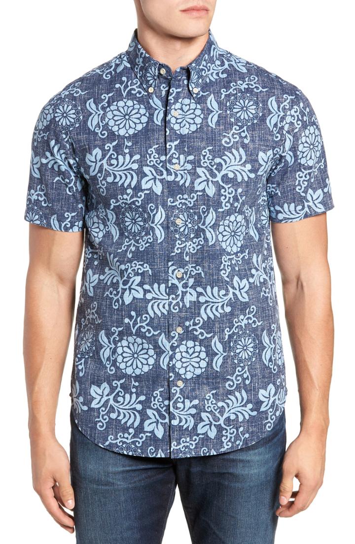 Men's Reyn Spooner Royal Chrysanthemums Fit Sport Shirt, Size Medium - Blue