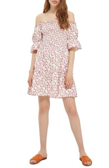 Women's Topshop Liberty Print Off The Shoulder Dress Us (fits Like 0-2) - White