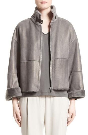 Women's Fabiana Filippi Suede Trim Metallic Genuine Shearling Jacket Us / 48 It - Grey