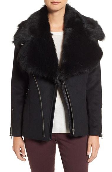 Women's Lamarque Wool Blend Moto Jacket With Detachable Genuine Shearling Collar