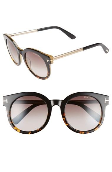 Women's Tom Ford 'janina' 51mm Round Sunglasses - Shiny Black/ Gradient Roviex