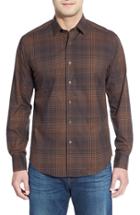Men's Bugatchi Shaped Fit Plaid Sport Shirt - Brown