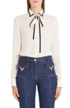 Women's Valentino Contrast Trim Silk Georgette Tie Neck Blouse - Ivory