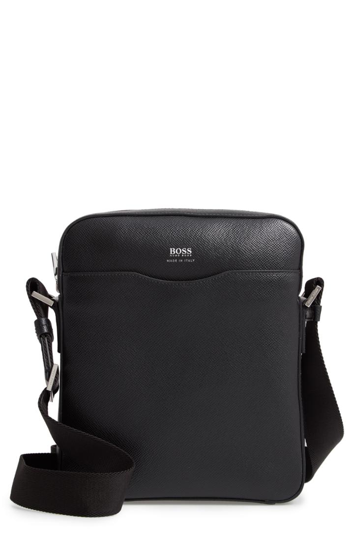 Men's Boss Signature Leather Reporter Bag - Black