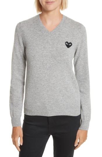 Women's Comme Des Garcons Play Heart Wool Pullover - Grey