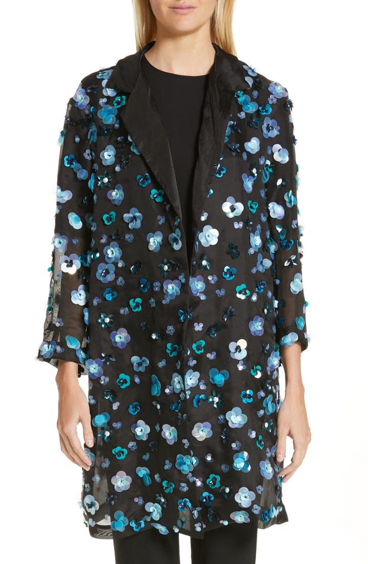 Women's Mansur Gavriel Floral Sequin Sheer Silk Jacket Us / 38 It - Black