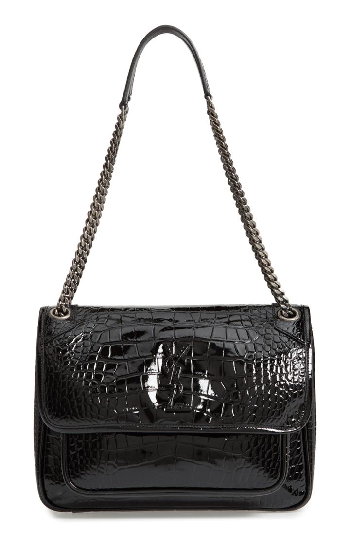 Saint Laurent Medium Niki Croc Embossed Lambskin Leather Shoulder Bag -
