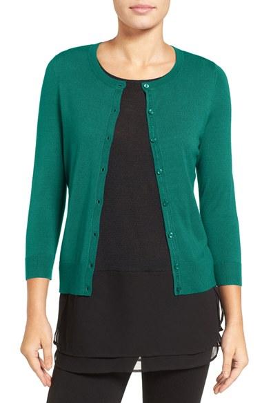 Women's Halogen Three Quarter Sleeve Crewneck Cardigan, Size - Green