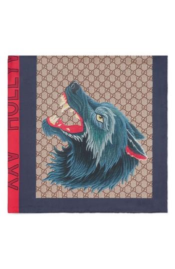 Men's Gucci Foulard Web Wolf Silk Scarf, Size - Blue
