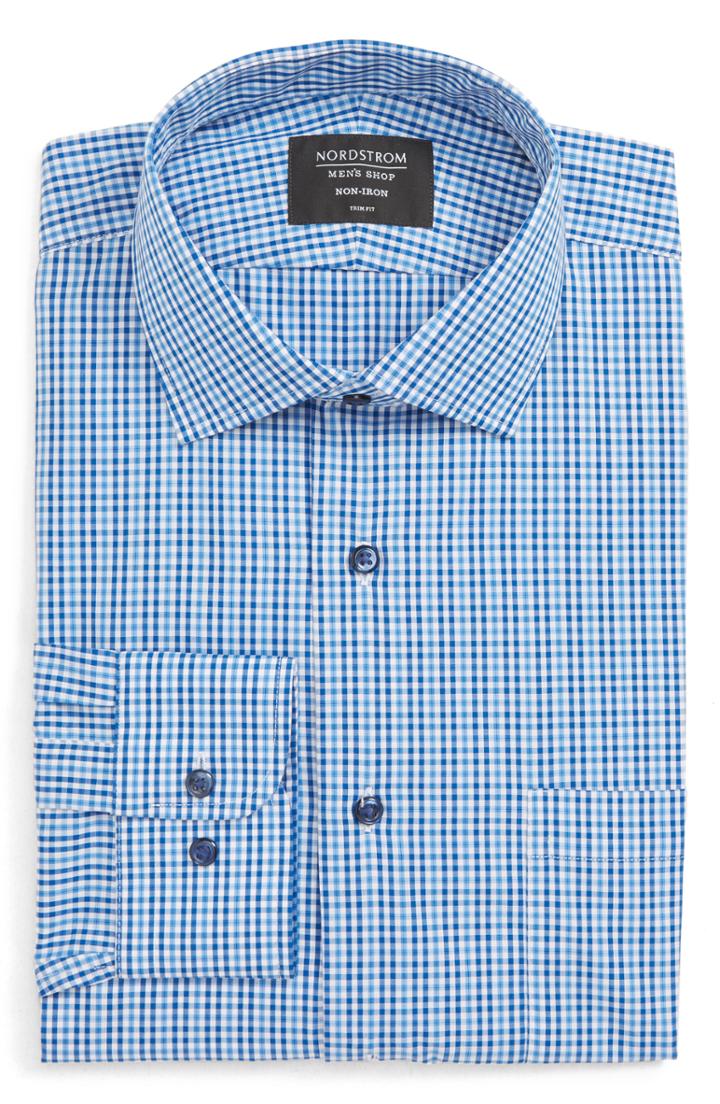Men's Nordstrom Men's Shop Non-iron Trim Fit Microcheck Dress Shirt .5 - 32/33 - Blue