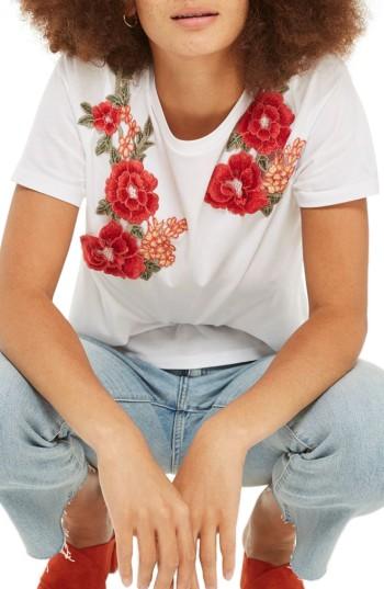 Petite Women's Topshop Floral Applique Tee P Us (fits Like 0p) - White