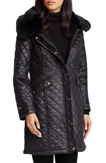 Women's Lauren Ralph Lauren Faux Fur Trim Quilted Coat - Black