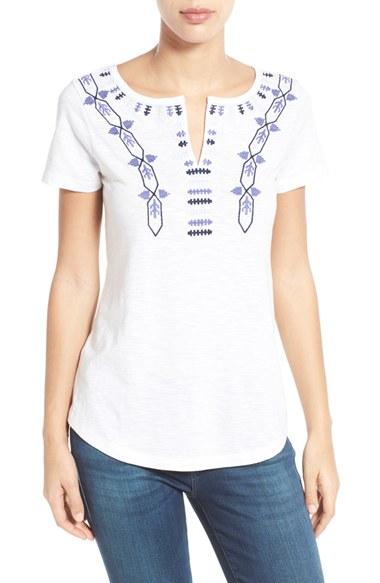 Women's Caslon Embroidered Split Neck Tee - White