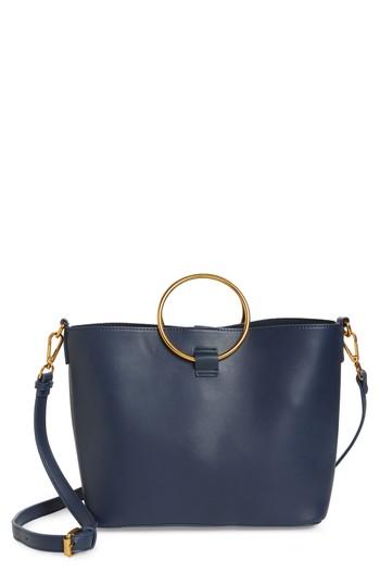 Street Level Ring Handle Faux Leather Tote & Zip Pouch - Blue