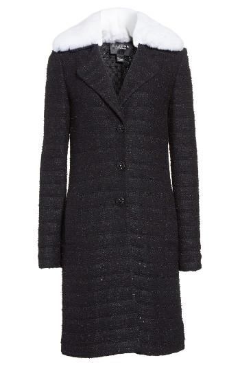 Women's St. John Collection Sequin Knit Topper With Detachable Genuine Rabbit Fur Collar - Black