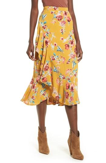 Women's Band Of Gypsies Ruffle Trim Midi Skirt - Yellow