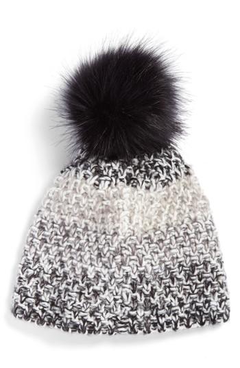 Women's Treasure & Bond Mixed Crochet Beanie With Faux Fur Pom - Grey