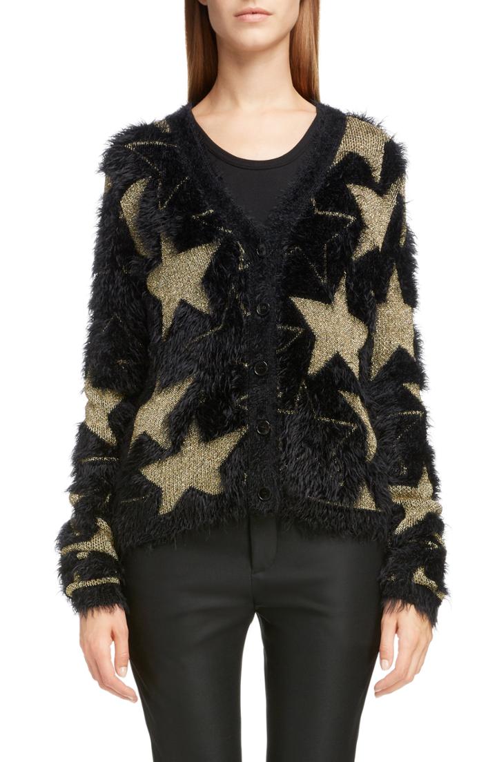 Women's Saint Laurent Metallic Star Jacquard Eyelash Cardigan - Black