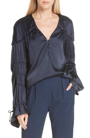 Women's Jonathan Simkhai Gathered Sleeve Satin Blouse - Blue