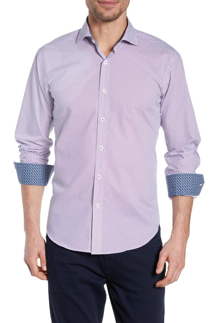 Men's Bugatchi Shaped Fit Print Sport Shirt, Size - Pink