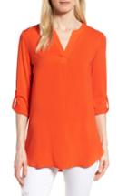 Petite Women's Pleione Split Neck Roll Sleeve Tunic, Size P - Orange
