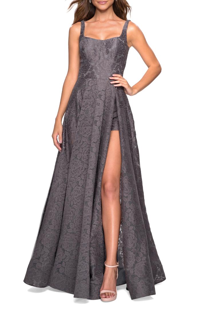 Women's La Femme Front Slit Lace Evening Dress - Grey