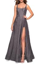 Women's La Femme Front Slit Lace Evening Dress - Grey