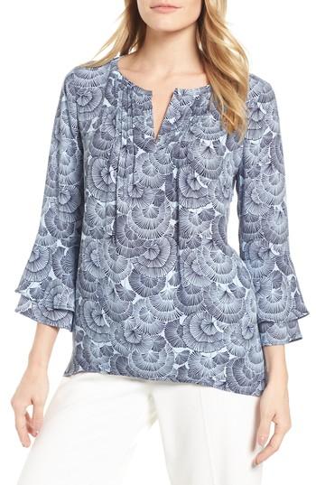 Women's Chaus Bell Sleeve Ginkgo Fans Blouse - Blue