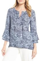 Women's Chaus Bell Sleeve Ginkgo Fans Blouse - Blue