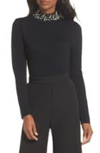 Women's Eliza J Faux Pearl Embellished Mock Neck Sweater - Black