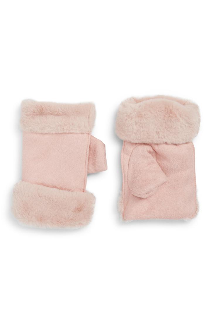 Women's La Double 7 Faux Fur Cuff Fingerless Gloves, Size - Pink